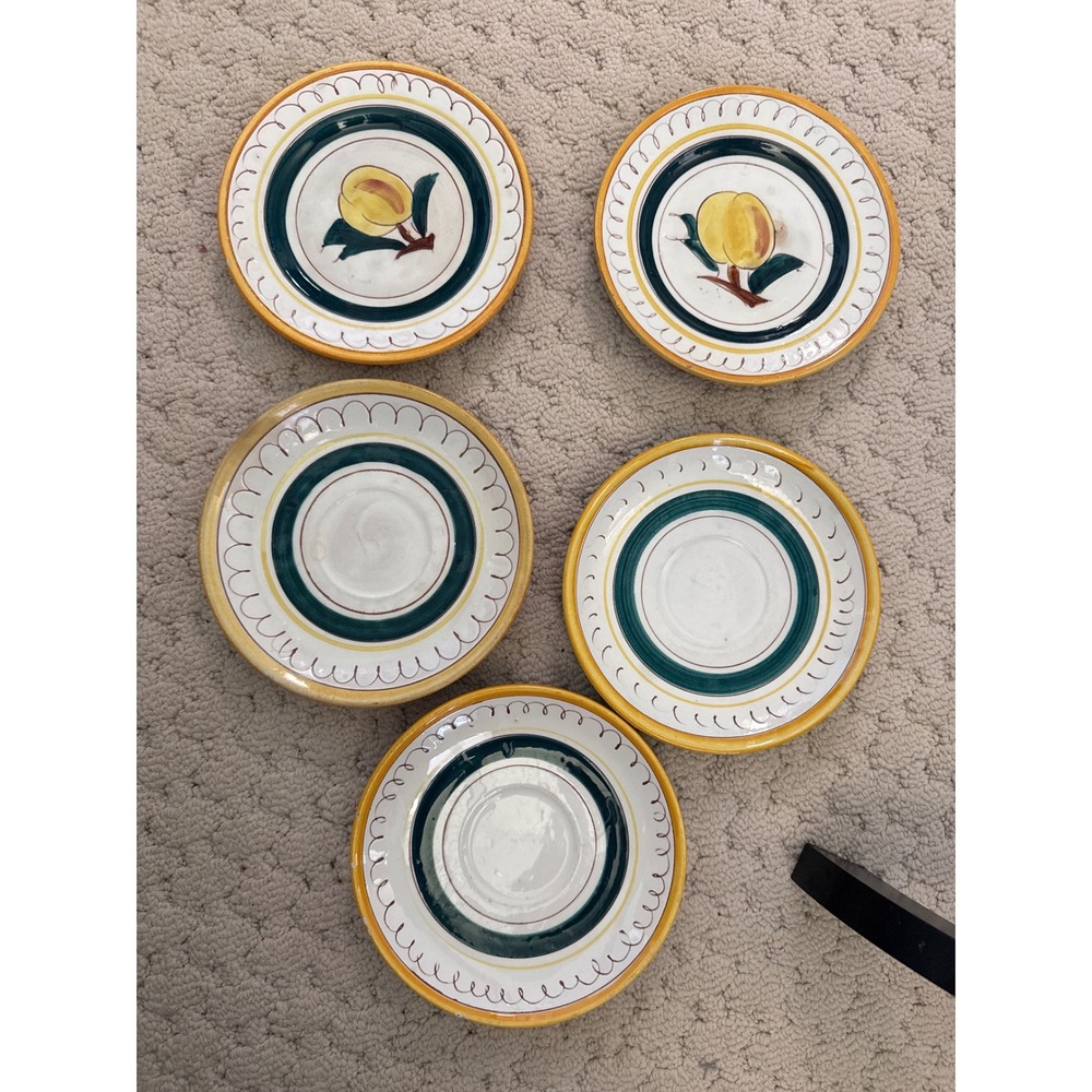 Stangl Pottery Terra Rose Fruit Saucers Set of 5 Yellow Teal Hand Painted MCM